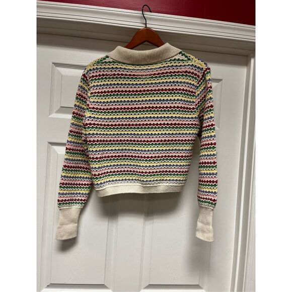 Zara Lapel Collar Rainbow Stripe Short Sleeve Cardigan Sweater Sz M EUC - Picture 6 of 7